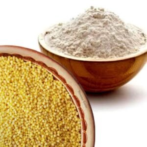 "Organic Foxtail Millet Flour in a bowl with raw millet grains" "Healthy gluten-free roti made with Foxtail Millet Flour" "Baking with Foxtail Millet Flour – cookies and muffins"