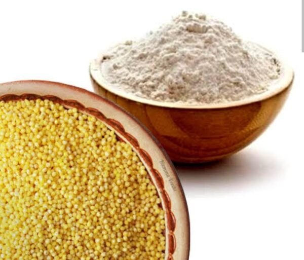 "Organic Foxtail Millet Flour in a bowl with raw millet grains" "Healthy gluten-free roti made with Foxtail Millet Flour" "Baking with Foxtail Millet Flour – cookies and muffins"